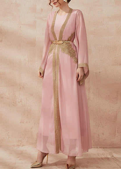 New Pink Tie Waist Chiffon Two Pieces Set Flare Sleeve