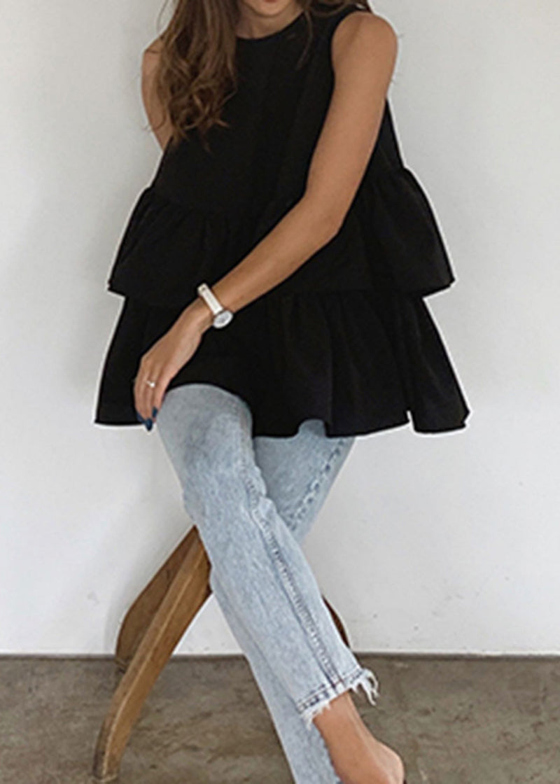 French Black Ruffled Cotton a Line Tank Sleeveless