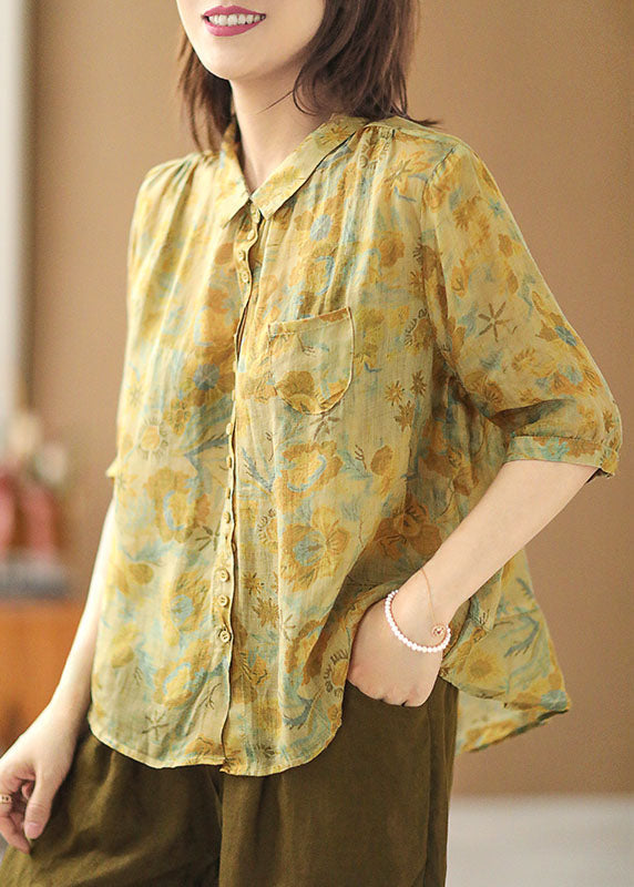 Yellow Peter Pan Collar Print Button Linen Blouse Tops Short Sleeve