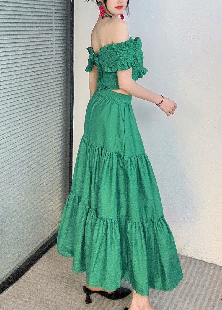 Green Slash Neck Ruffled Top and Maxi Skirts Two Piece Set Summer