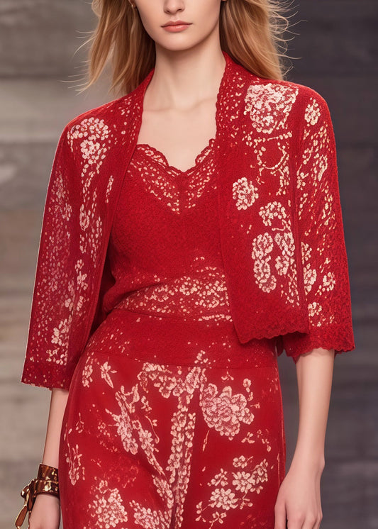Red Print Lace Patchwork Spandex Two-piece Set Summer