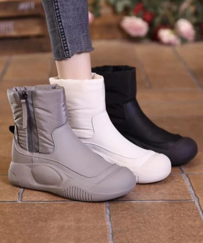 Grey Zippered Splicing Boots Fuzzy Wool Lined