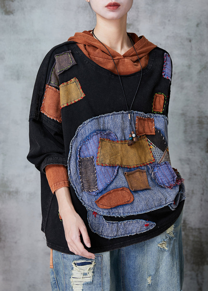Black Hooded Patchwork Applique Cotton Pullover Sweatshirt Spring