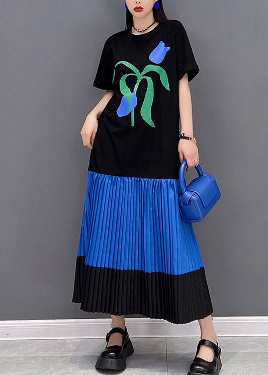 Black O-neck Print Patchwork Pleated Dress Short Sleeve