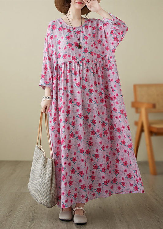 Fine Pink O-neck Print Patchwork Long Dress Spring