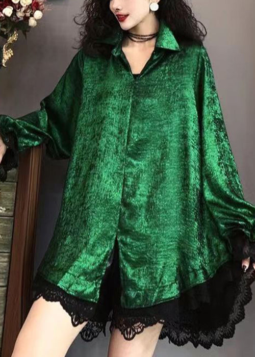 Green Peter Pan Collar Lace Patchwork Silk Shirt Long Sleeve