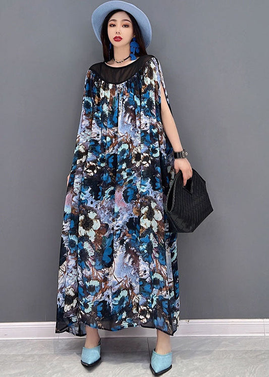 Blue Print Patchwork Draping Chiffon Long Dress Short Sleeve