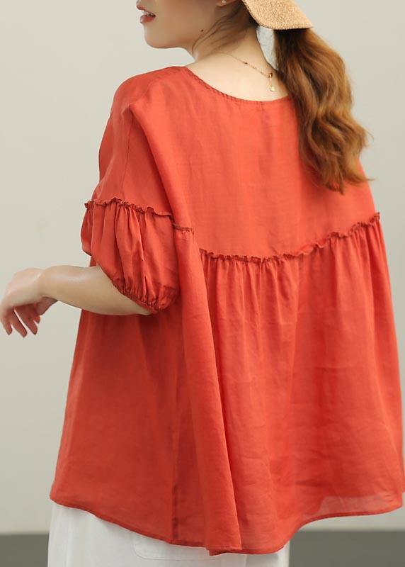 Red Patchwork Ruffled Cotton Summer Blouse Top
