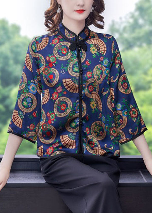 Blue Print Oriental Silk Shirt and Crop Pants Two Pieces Set Mandarin Collar Long Sleeve