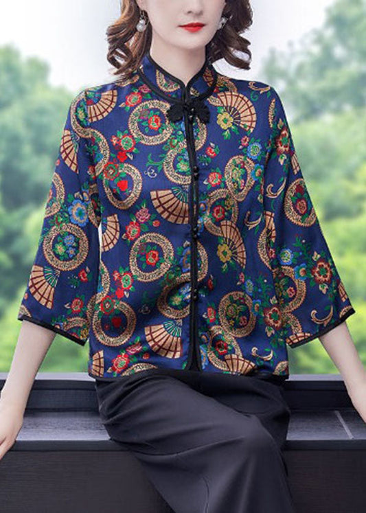 Blue Print Oriental Silk Shirt and Crop Pants Two Pieces Set Mandarin Collar Long Sleeve