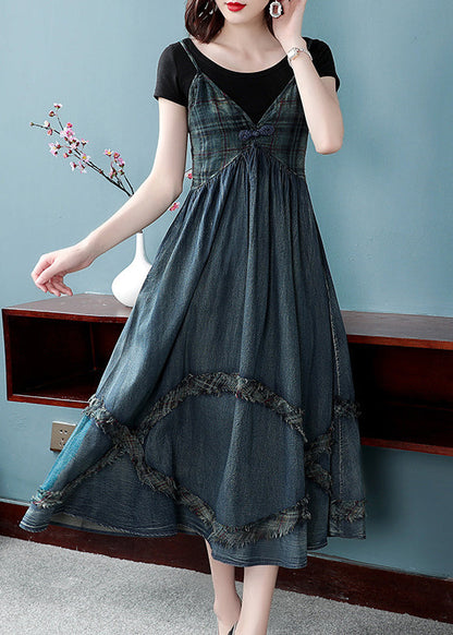 Blue Cinched V Neck Patchwork Spaghetti Strap Cotton Denim Dresses Spring
