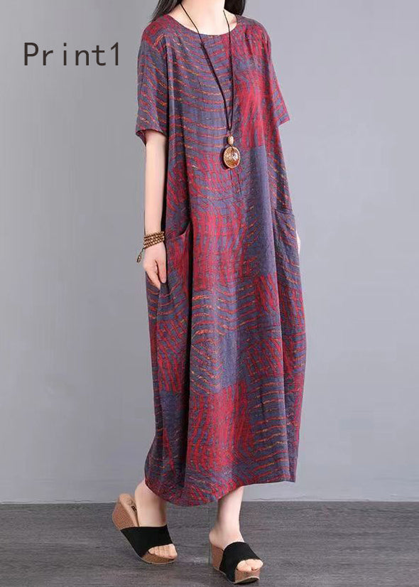 O Neck Print Patchwork Cotton Long Dresses Summer