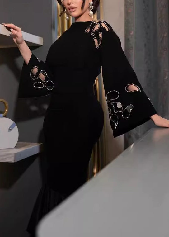 Black Hollow Out Lace Up Patchwork Cotton Dress Spring