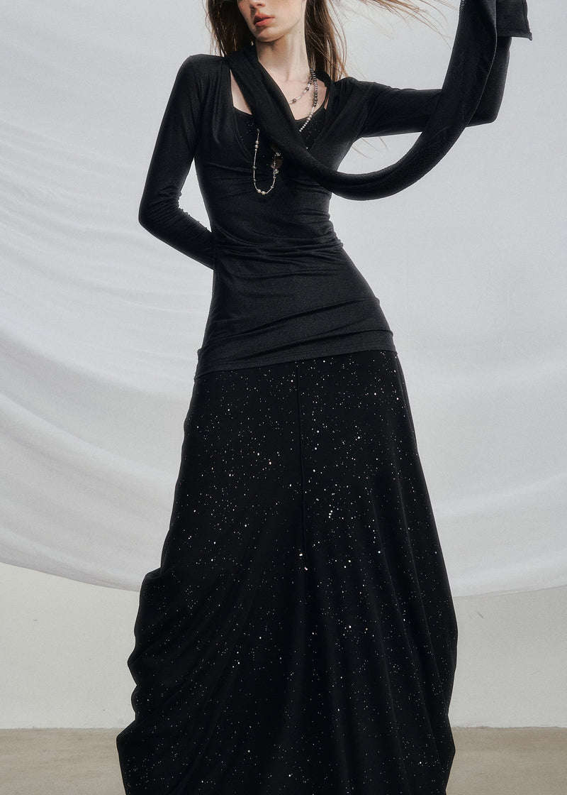 Black High Waist Cotton Two Pieces Set Hollow Out