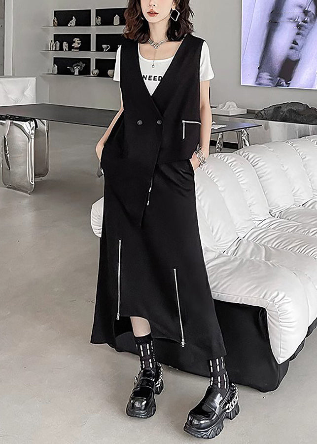 Unique Black Asymmetrical Patchwork Waistcoat and Skirts Cotton Two Pieces Set Sleeveless