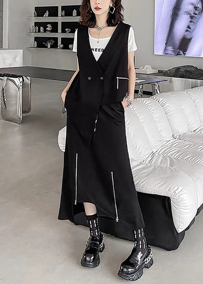 Unique Black Asymmetrical Patchwork Waistcoat and Skirts Cotton Two Pieces Set Sleeveless