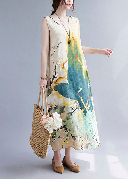 Beige Print O-neck Linen Vacation Dresses Summer