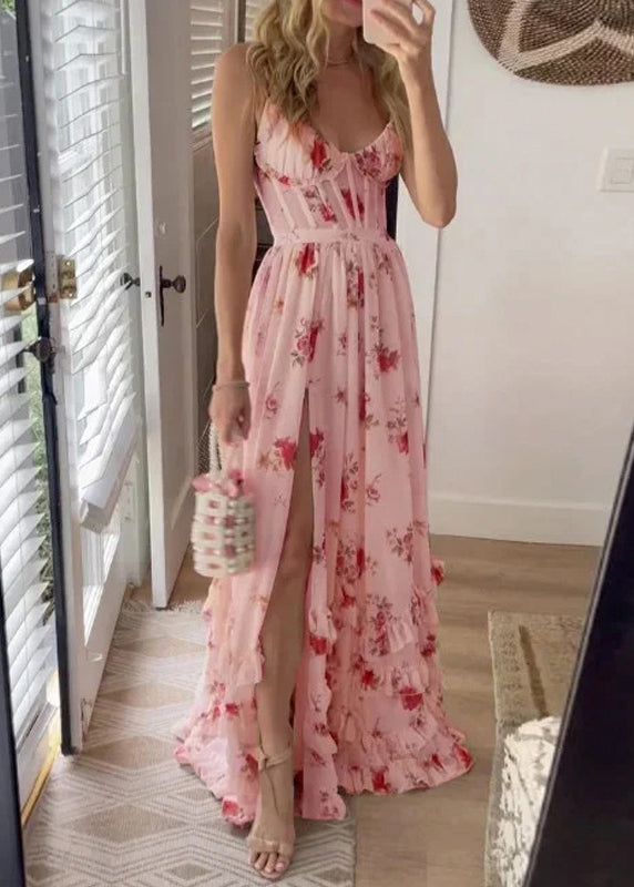 White Ruffled Print Side Open Cotton Long Dresses Sleeveless