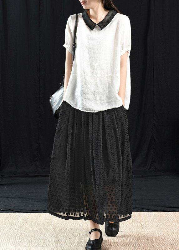 White Patchwork Turn-down Collar Summer Short Sleeve Top