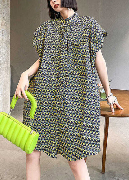Stand Collar Print Cotton Day Dress Puff Sleeve