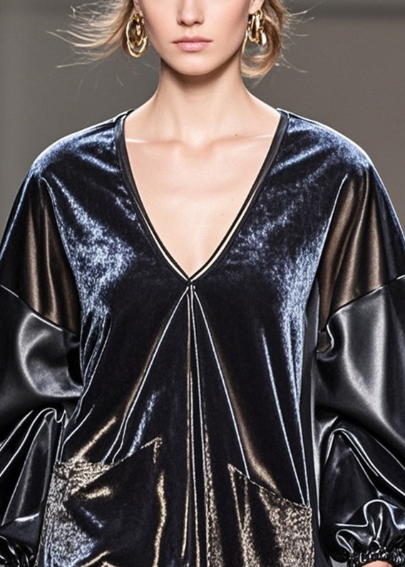 Original Design Black Asymmetrical Pu Patchwork Silk Velour Top Fall