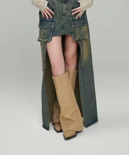 European and American Style Navy Denim Fabric Splicing Boots