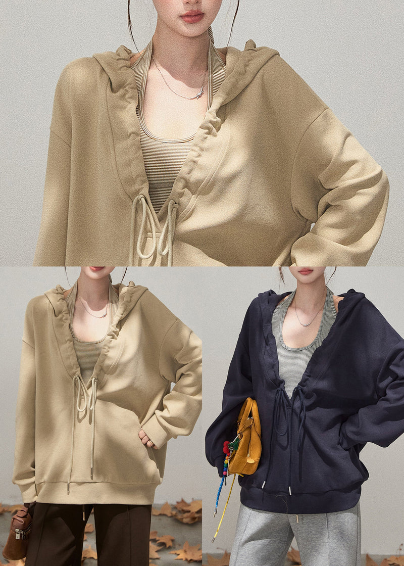 Navy Oversized Cotton Pullover Hooded Drawstring Fall