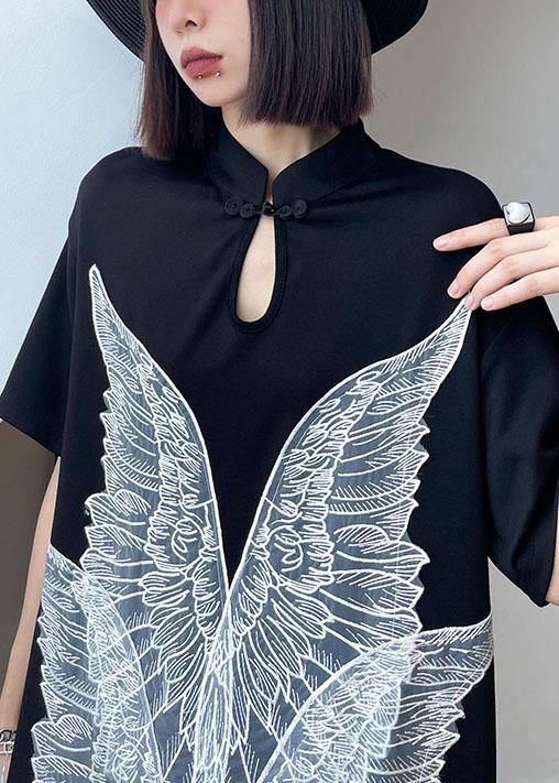 French Black Oriental Appliques Shift Dresses Summer