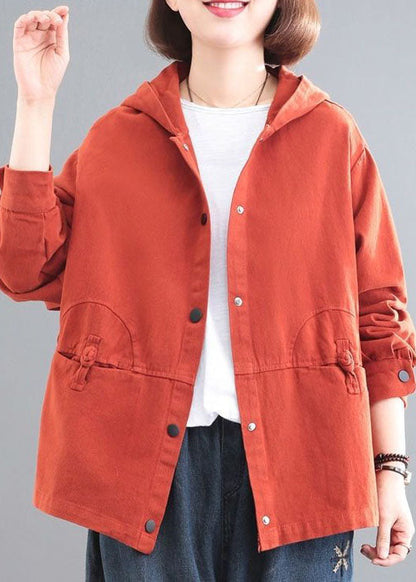 Orange Hooded Chinese Button Denim Coat Long Sleeve Spring