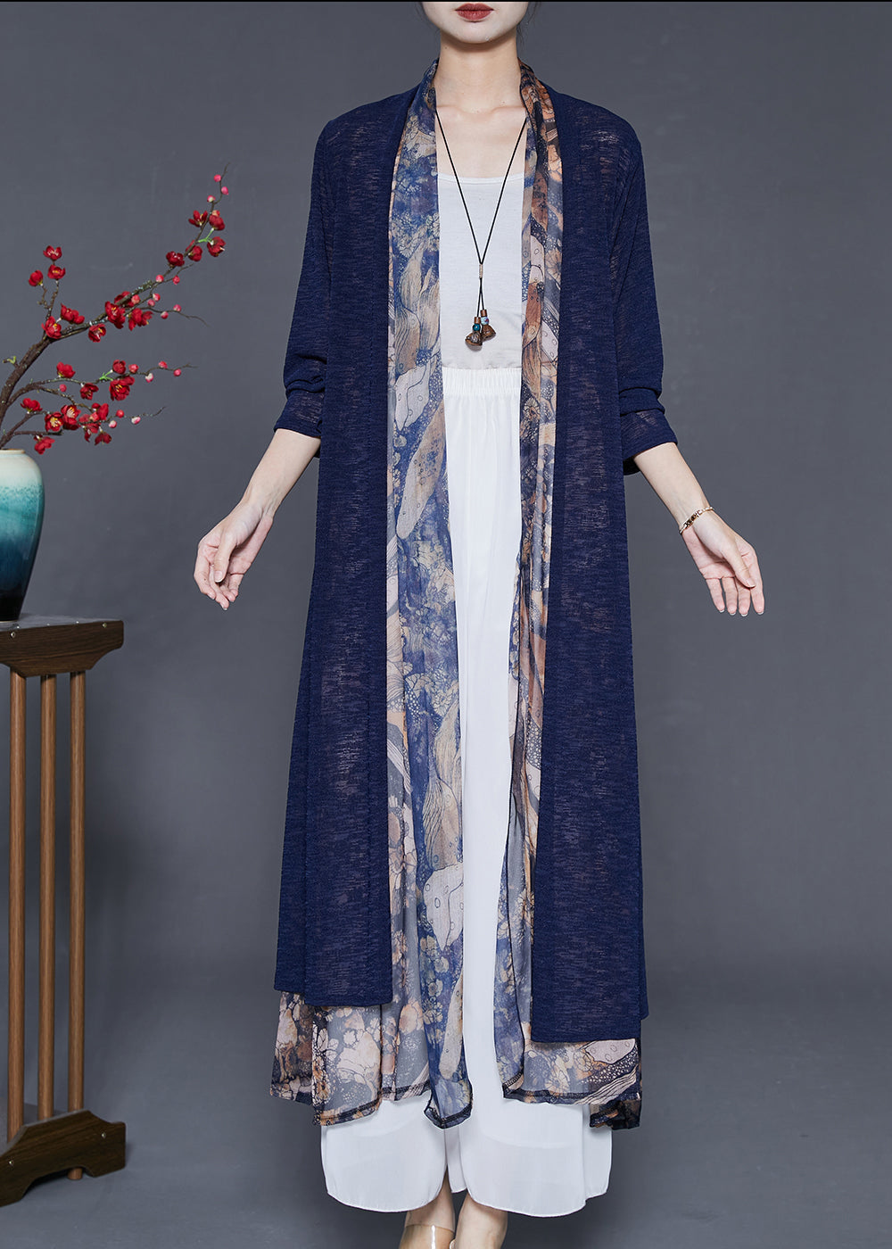 Navy Patchwork Silk Cardigan Fake Two Piece Summer