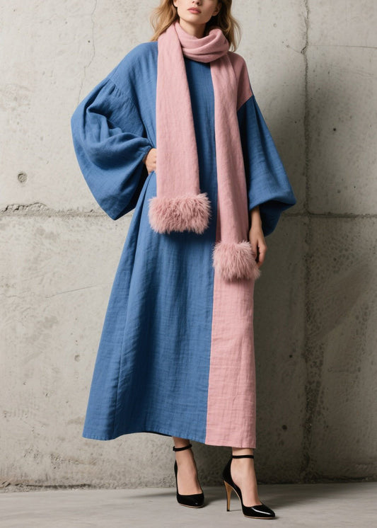 Colorblock Patchwork Cotton Ankle Dress Lantern Sleeve