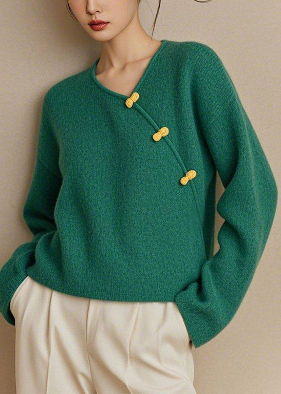 Simple Green V Neck Button Knit Sweater Fall