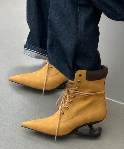 Original Design Yellow Pointed Toe Lace Up Faux Leather Wedge Boots
