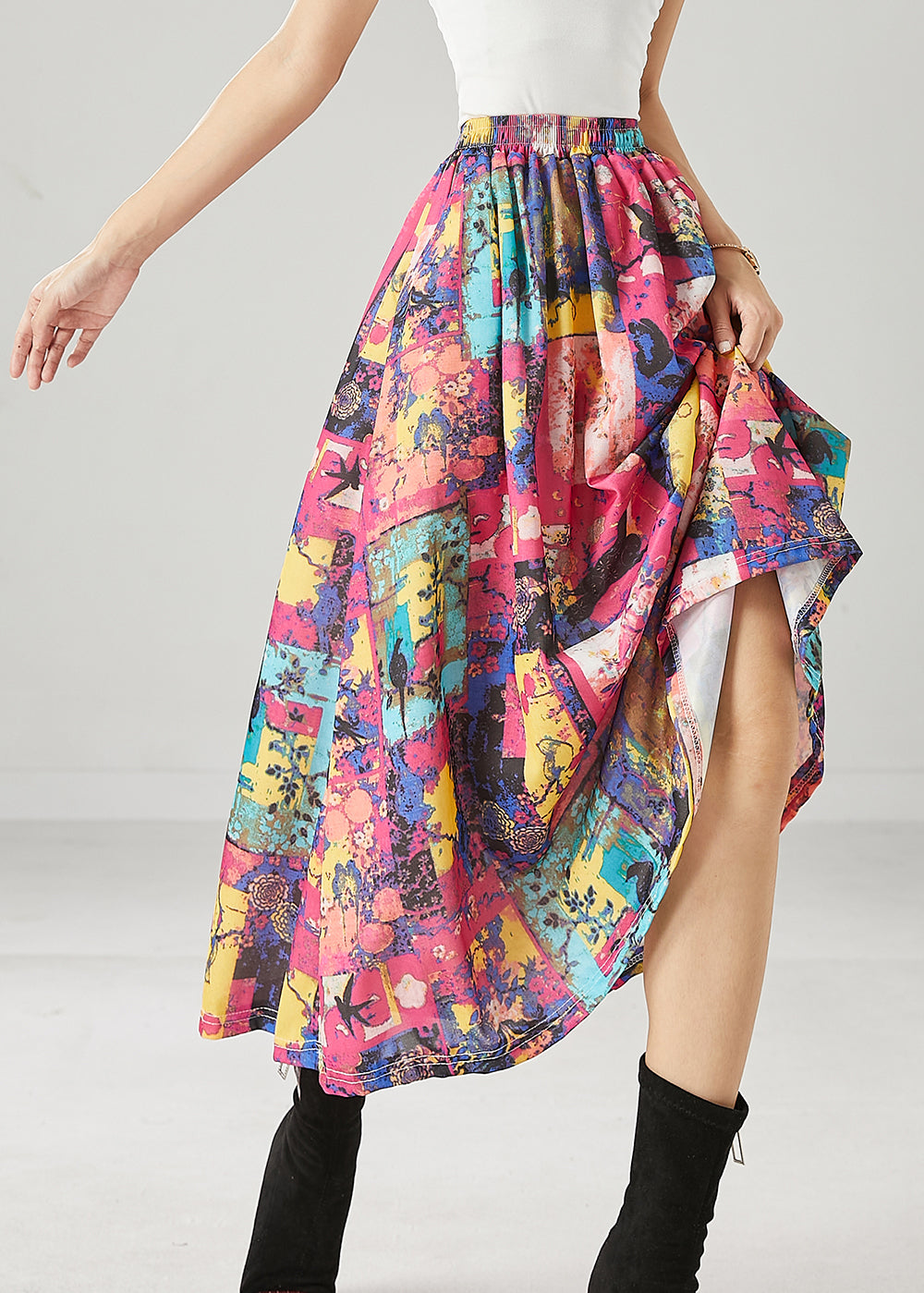 French Red Elastic Waist Print Cotton a Line Skirts Spring