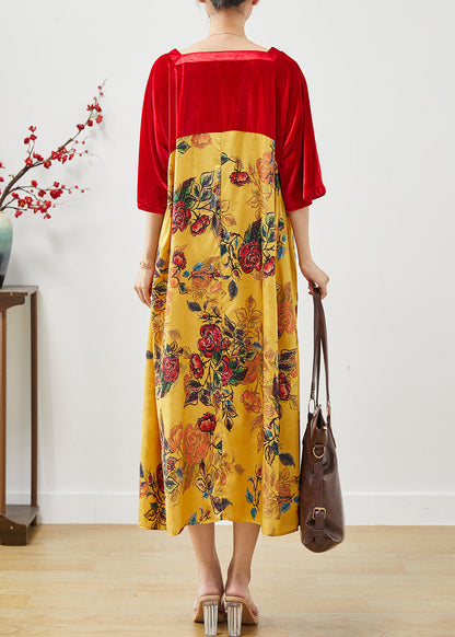 Stylish Colorblock Square Collar Patchwork Silk Velour Dress Summer