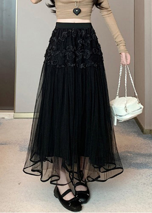 Black Elastic Waist Tulle Summer Skirts Wrinkled