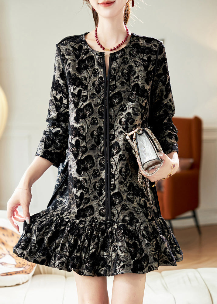 Red O Neck Ruffled Patchwork Velour Mid Dress Spring