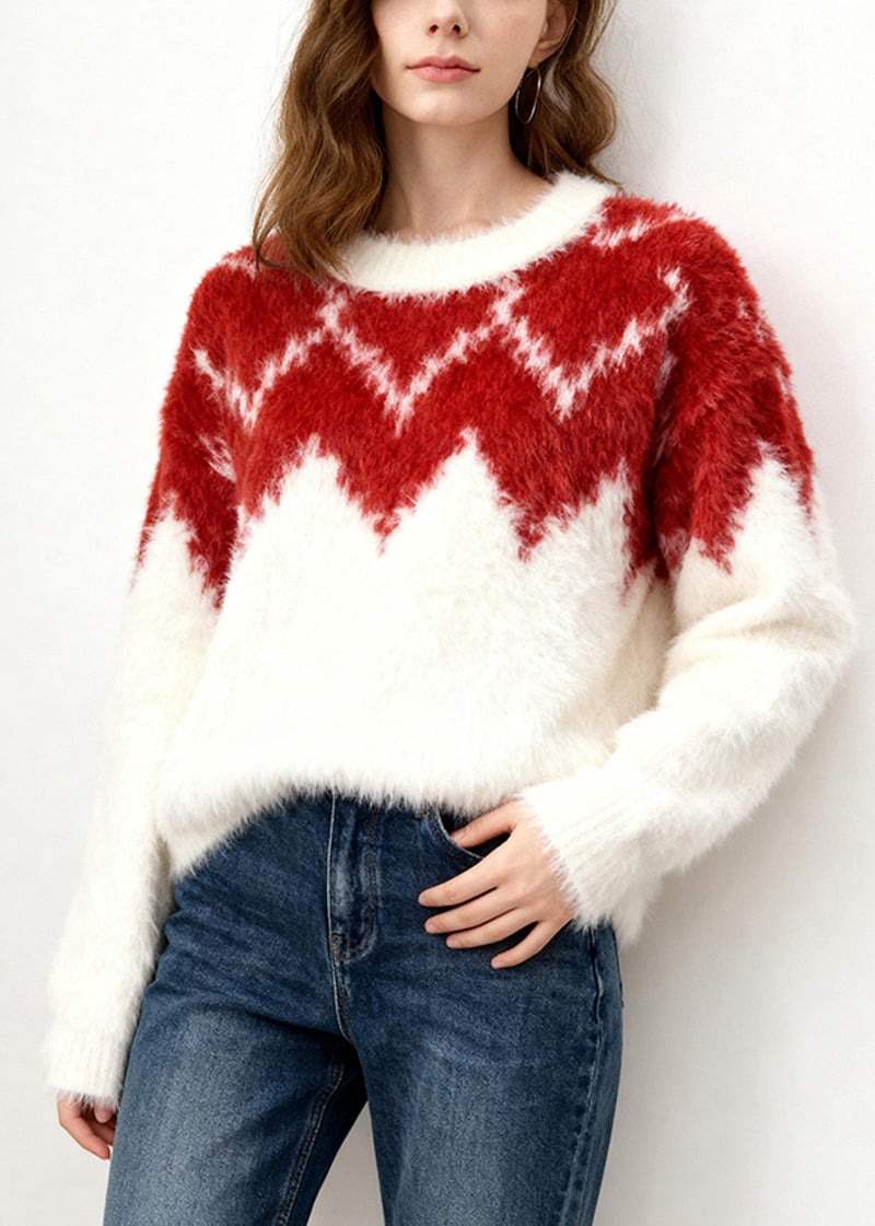 White Red Patchwork O-neck Print Cotton Knitted Sweater Long Sleeve