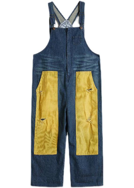 French Denim Blue Jeans Spring Patchwork Jumpsuit Pants