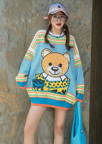 Blue O-neck Nail Bead Patchwork Fall Loose Sweater