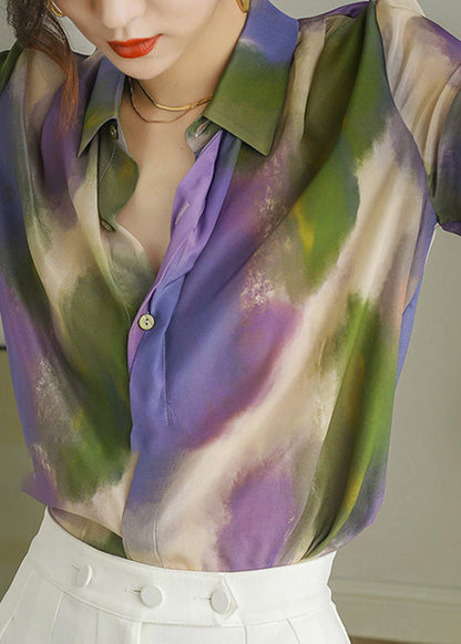 Peter Pan Collar Print Button Silk Shirt Long Sleeve