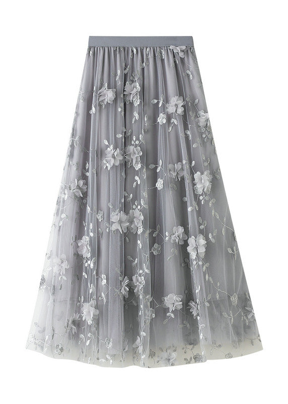 Simple Grey Embroideried Elastic Waist Tulle a Line Skirts Spring