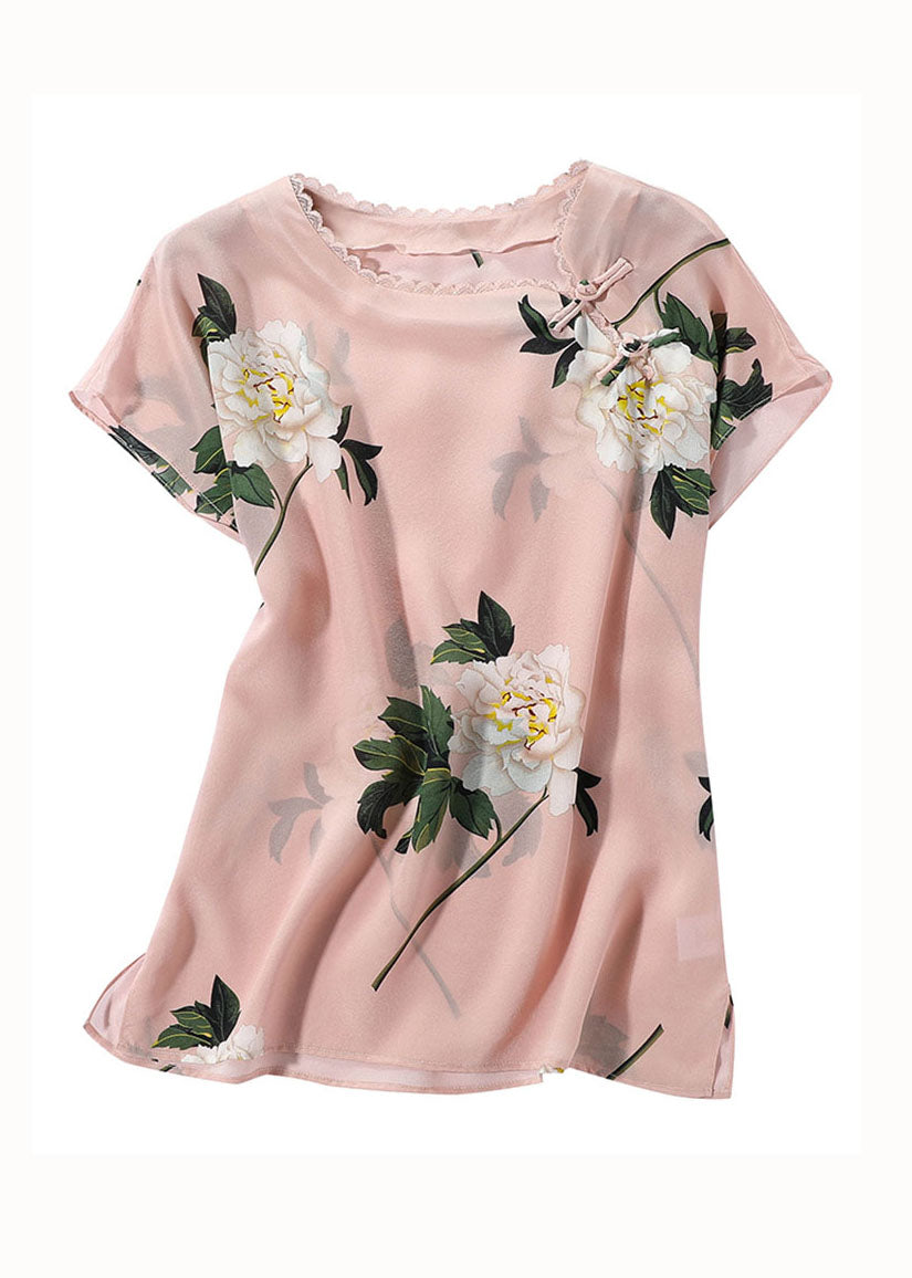 French Pink O Neck Print Patchwork Oriental Button Silk Tops Summer