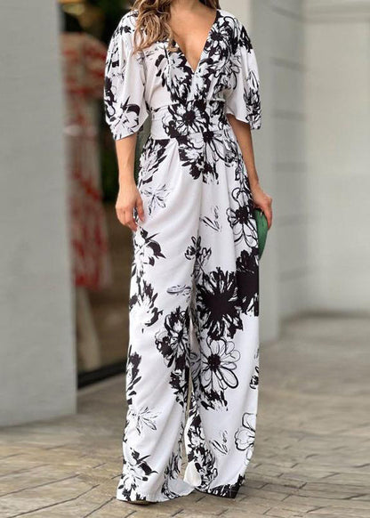 Yellow V Neck Print Cotton Jumpsuit Summer
