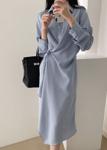 Blue Asymmetrical Cotton Holiday Dress Long Sleeve