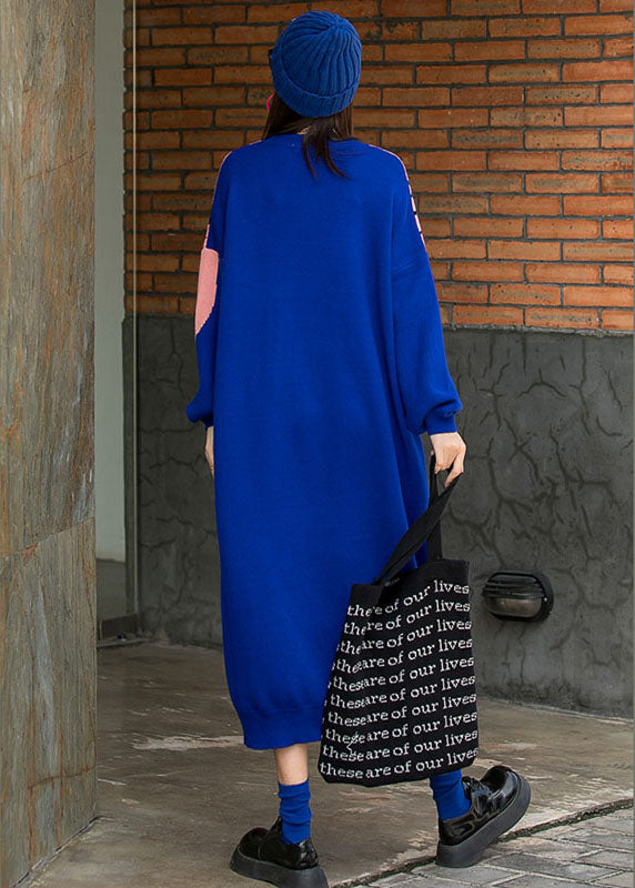 French Blue O-neck Loose Fall Knit Long Dresses Long Sleeve