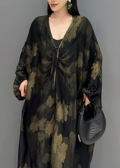Black V Neck Print Holiday Maxi Dress Long Sleeve