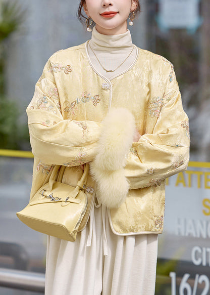 Yellow Embroidered Patchwork Fox Fur Duck Down Coats Winter