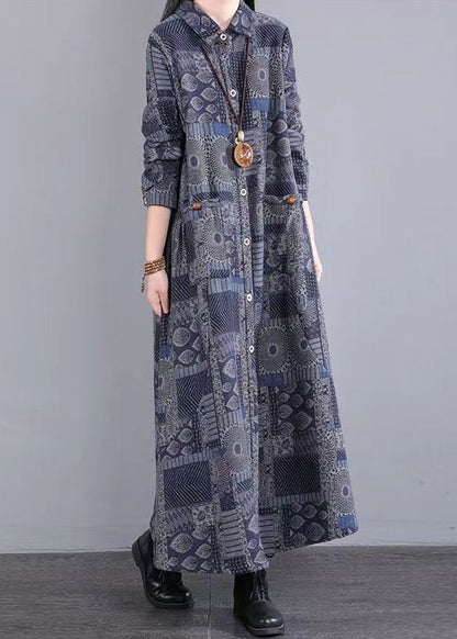Blue Peter Pan Collar Print Patchwork Warm Fleece Dress Fall