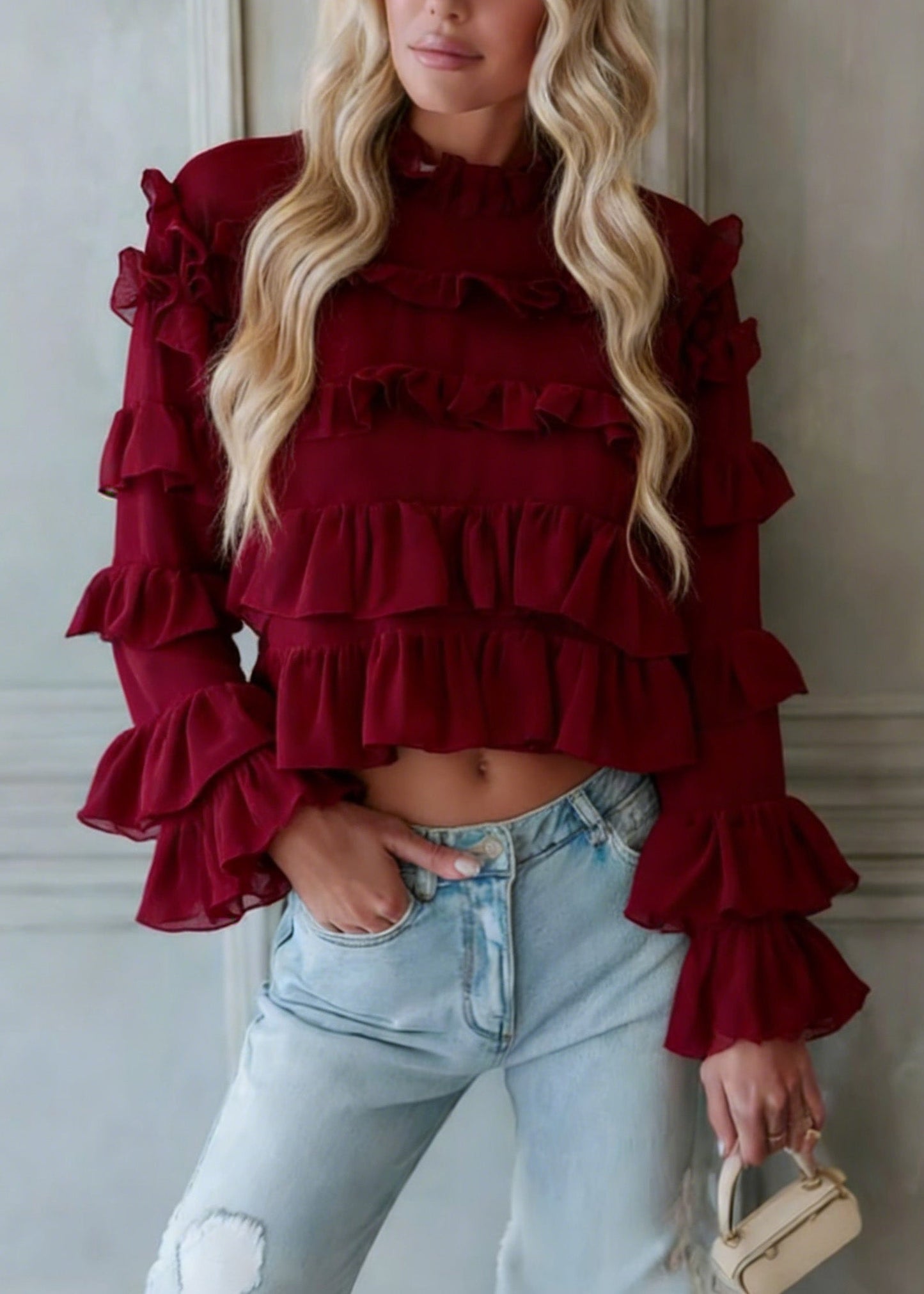 Red Ruffled Patchwork Chiffon Blouse Top Spring